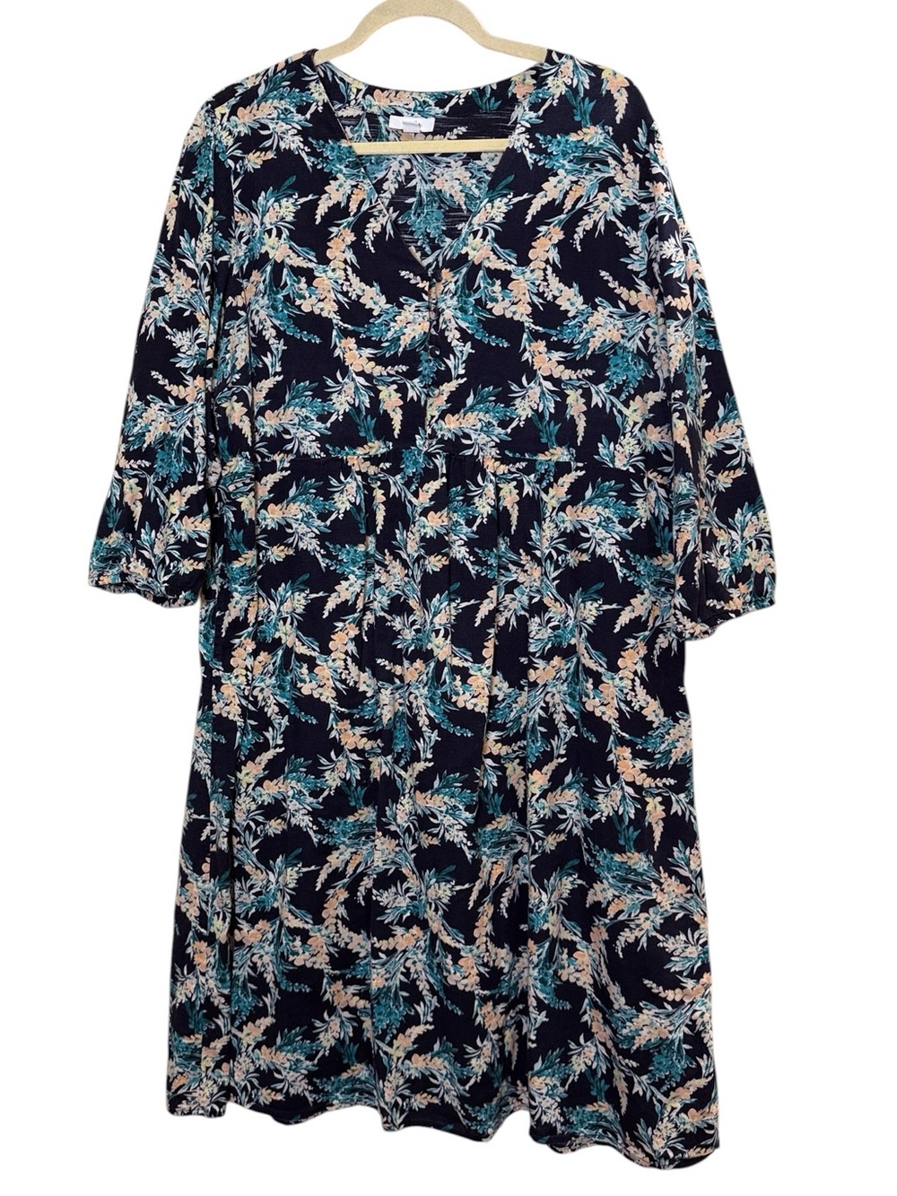 J. Jill 100% Cotton Navy Teal Floral Empire Waist 3/4 Sleeve Modest Midi Dress L